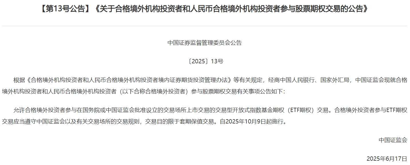 證監(jiān)會：允許合格境外投資者參與ETF期權(quán)交易